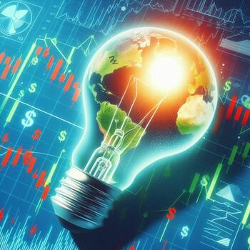 Lyspære omgitt av finansielle grafer og diagrammer som reflekterer bærekraft og miljø.